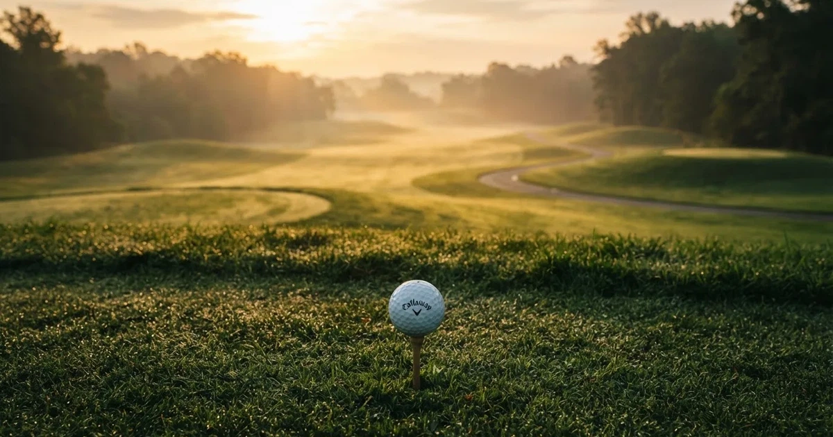 A ball on the centre spot of a grass pitch in morning light