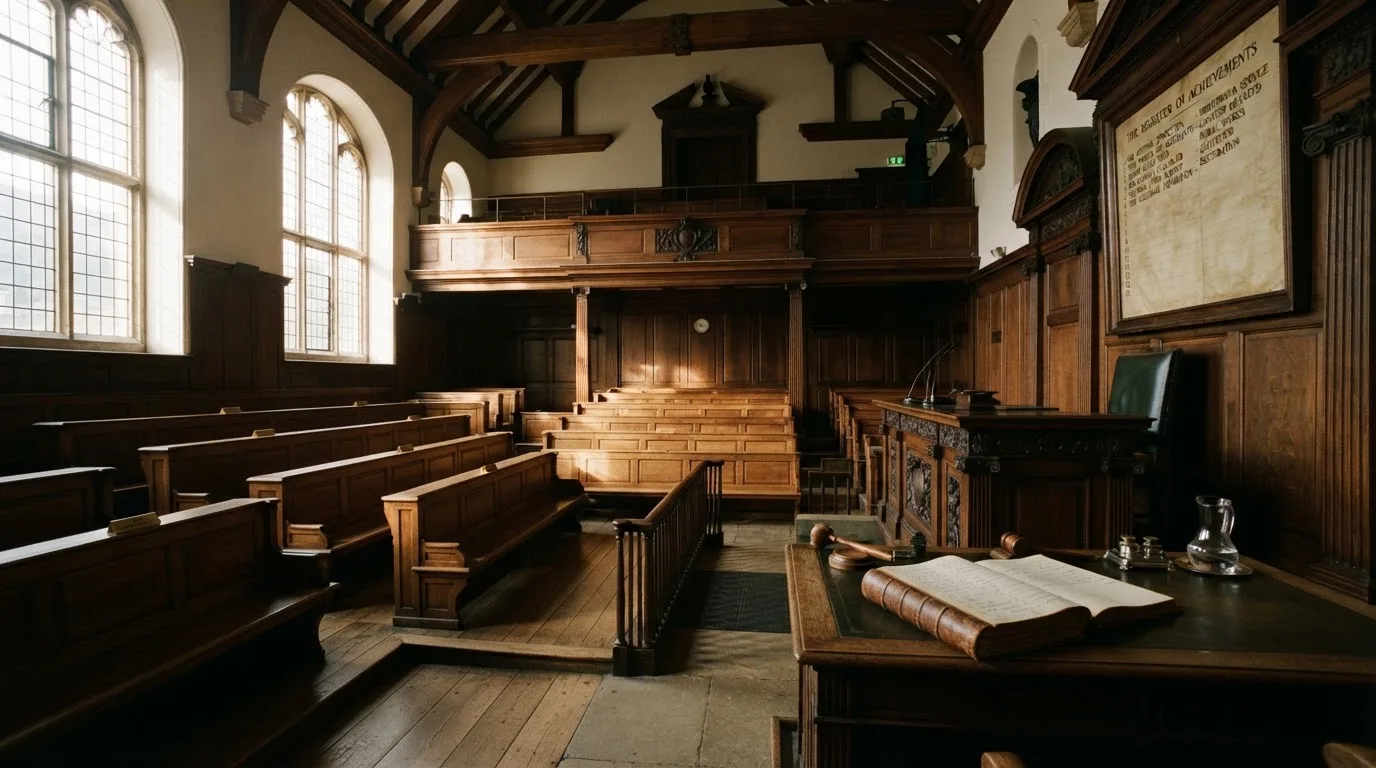 An empty courtroom with wooden benches in morning light