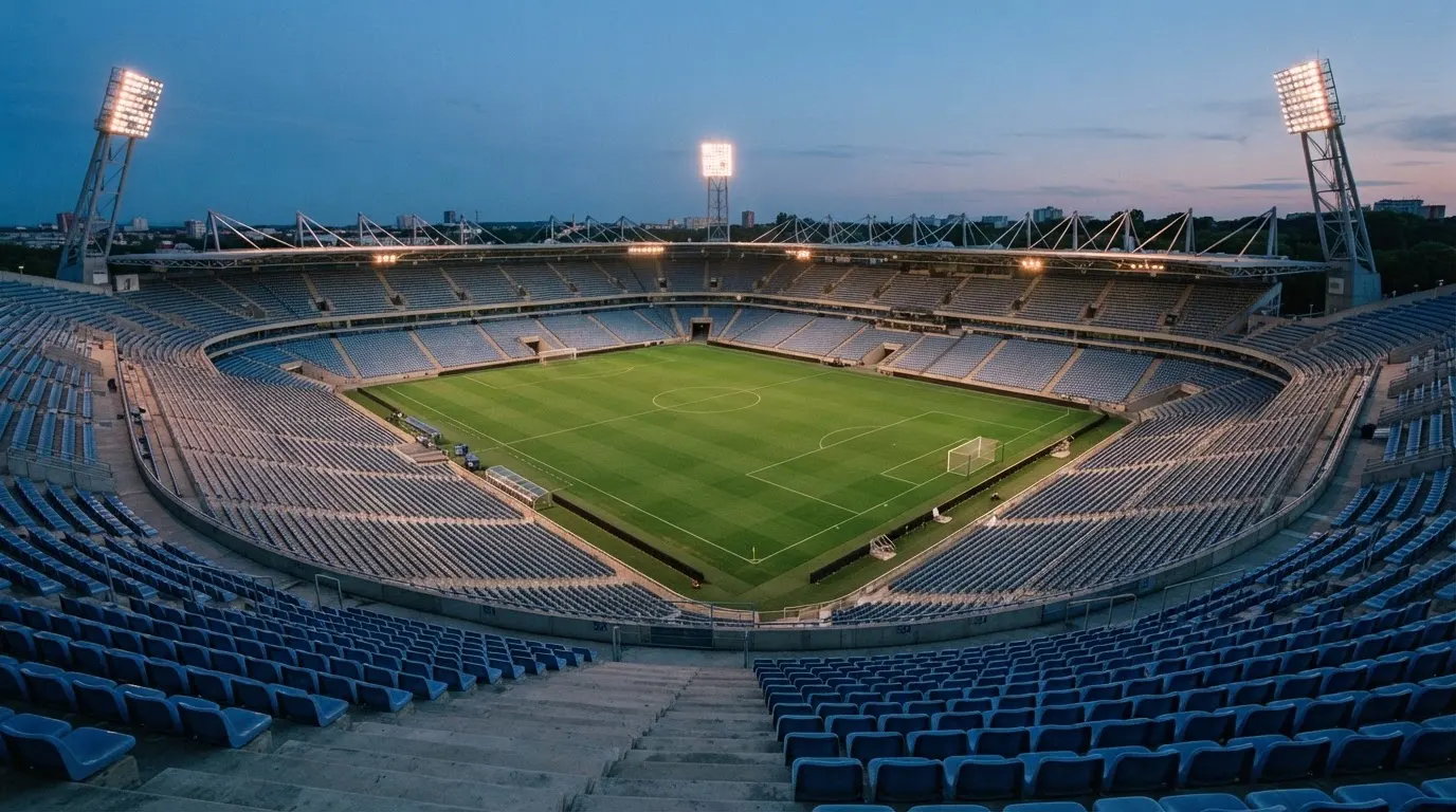 An empty football stadium with floodlight masts at dusk
