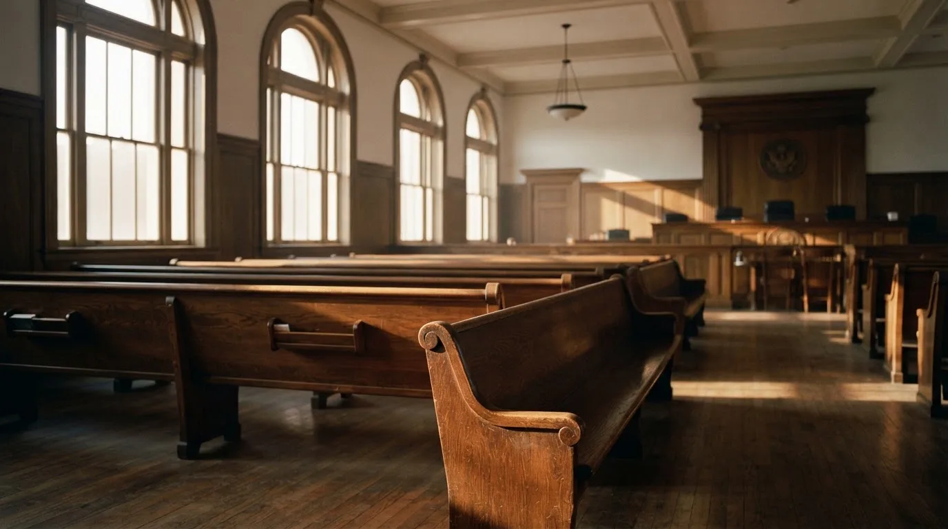 An empty courtroom with wooden benches in morning light