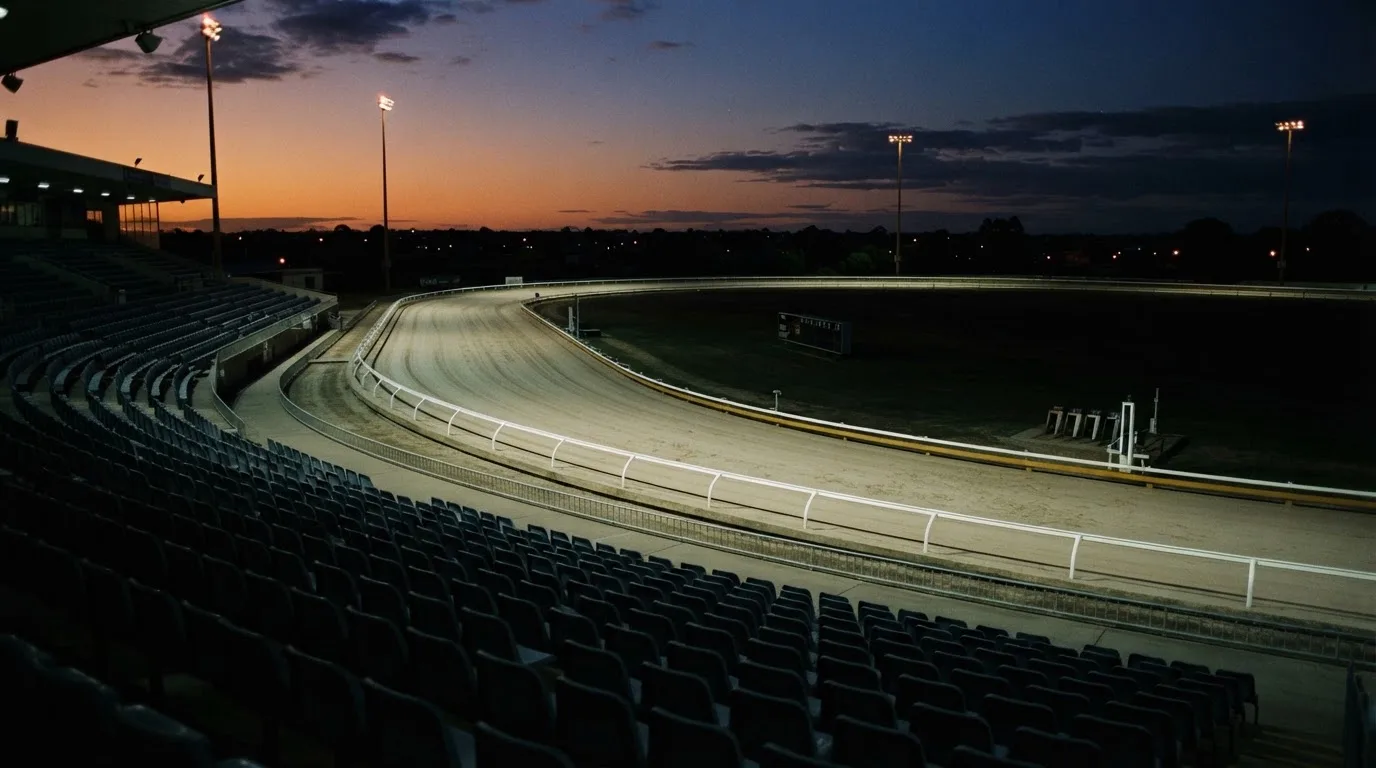 An empty football stadium with floodlight masts at dusk