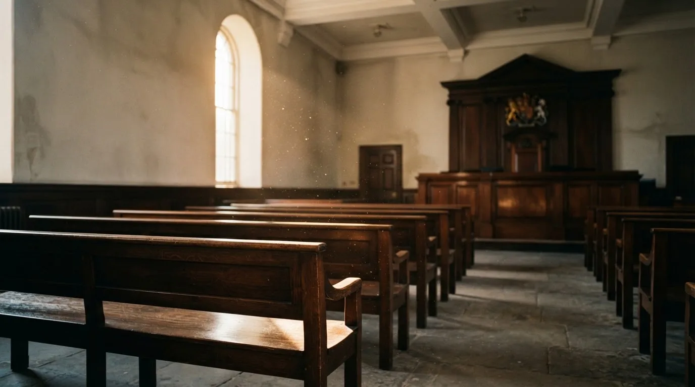 An empty courtroom with wooden benches in morning light