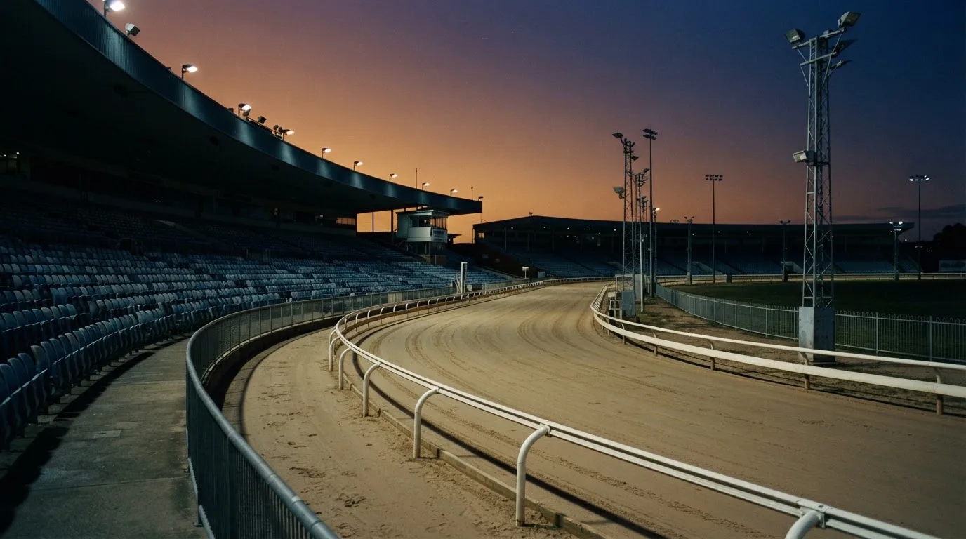 An empty football stadium with floodlight masts at dusk
