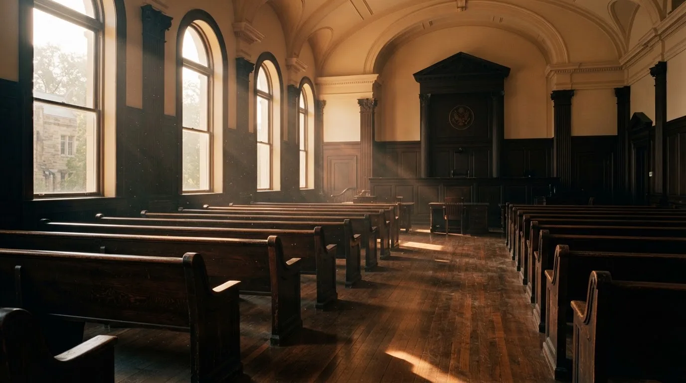 An empty courtroom with wooden benches in morning light