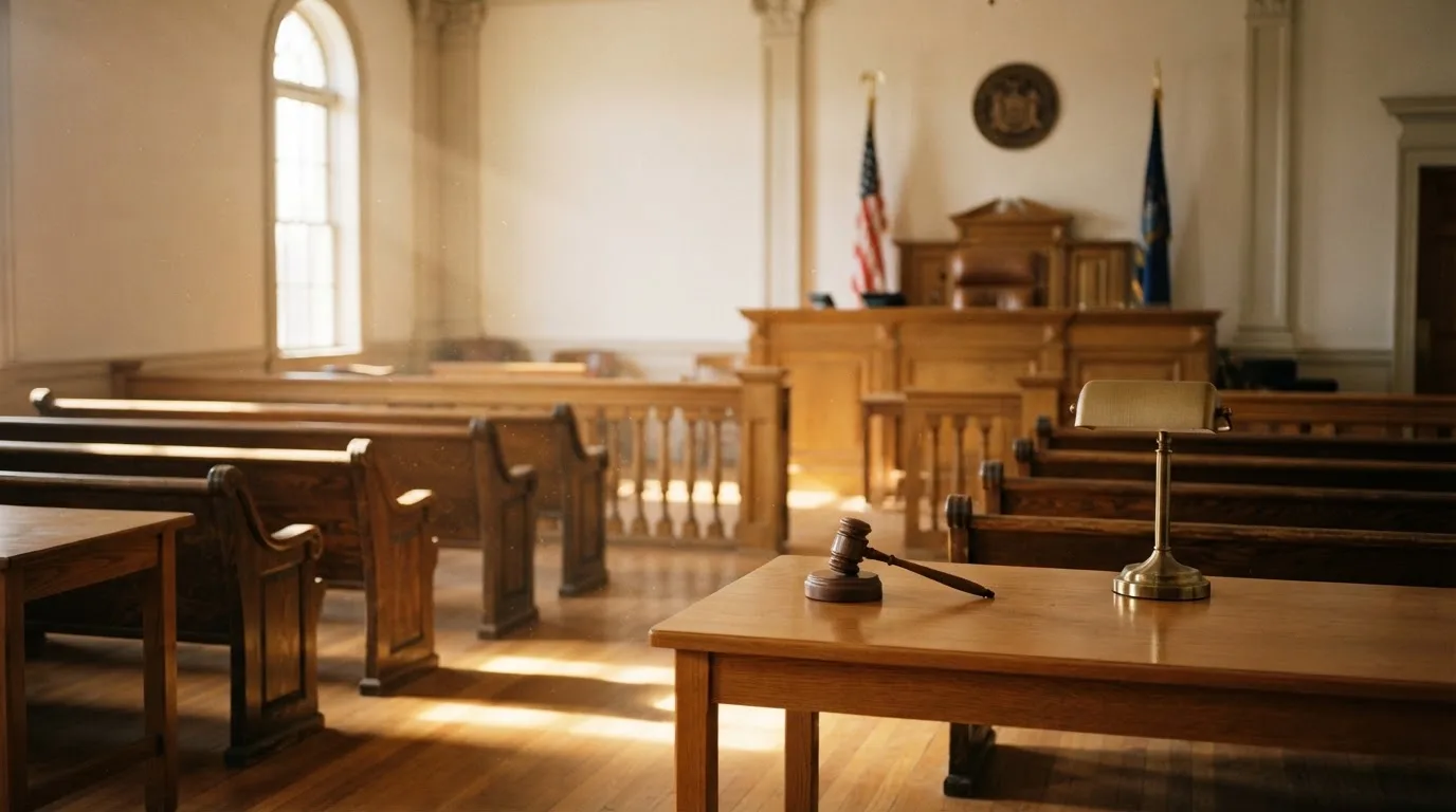 An empty courtroom with wooden benches in morning light