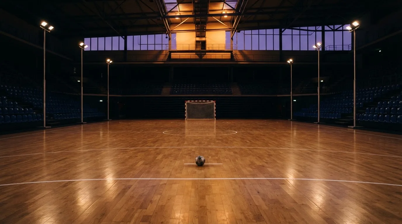 An empty football stadium with floodlight masts at dusk