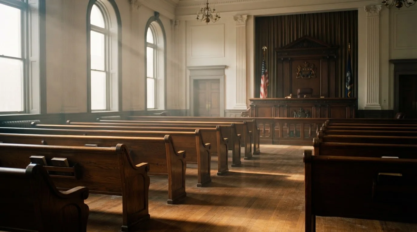 An empty courtroom with wooden benches in morning light