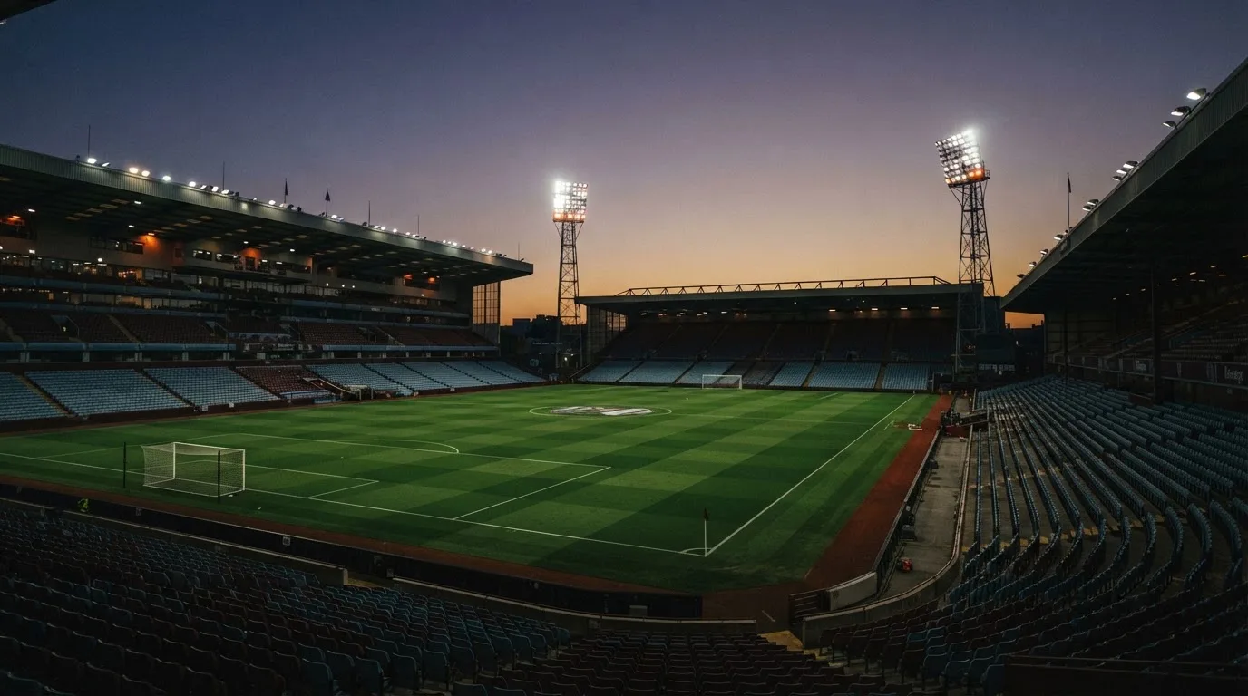 An empty football stadium with floodlight masts at dusk