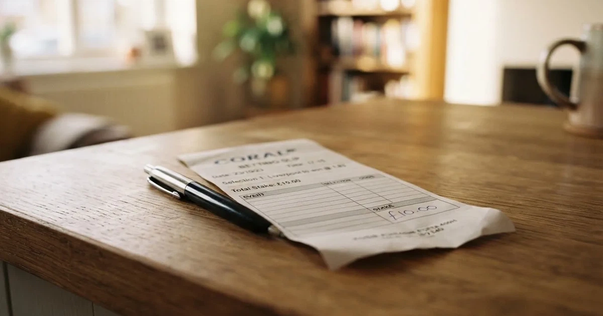 A blank paper betting slip beside a pen on a wooden counter
