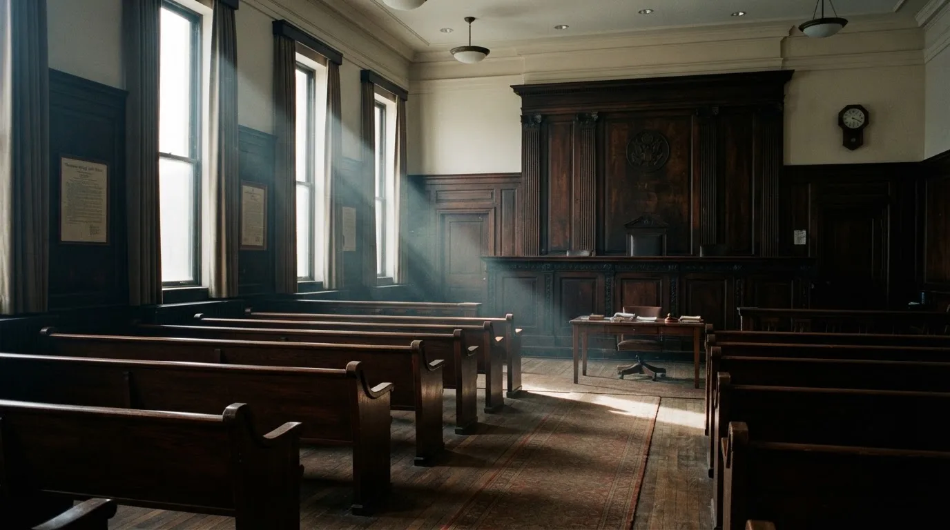 An empty courtroom with wooden benches in morning light