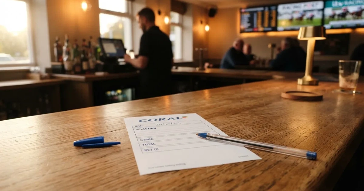 A blank paper betting slip beside a pen on a wooden counter