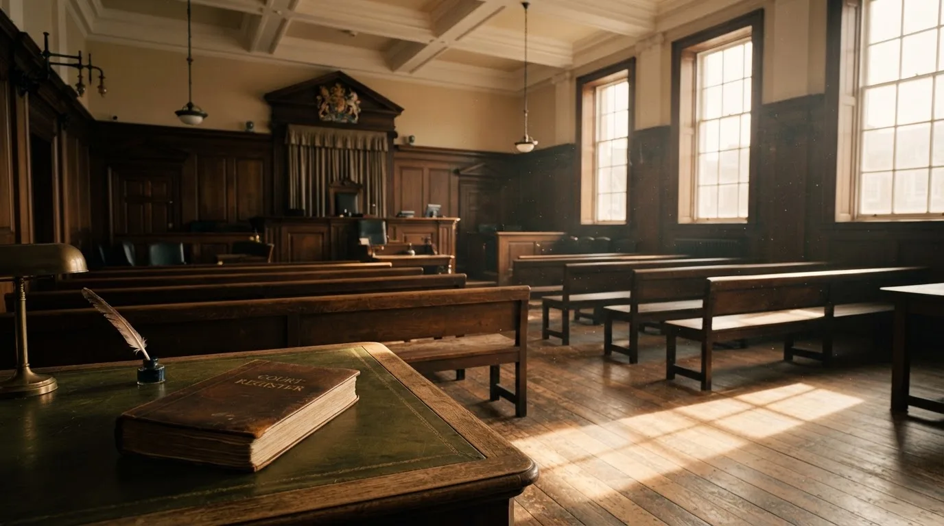 An empty courtroom with wooden benches in morning light