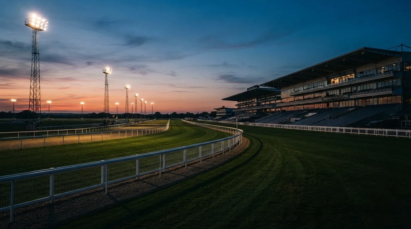 An empty football stadium with floodlight masts at dusk