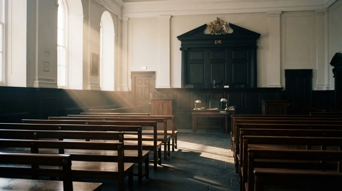 An empty courtroom with wooden benches in morning light