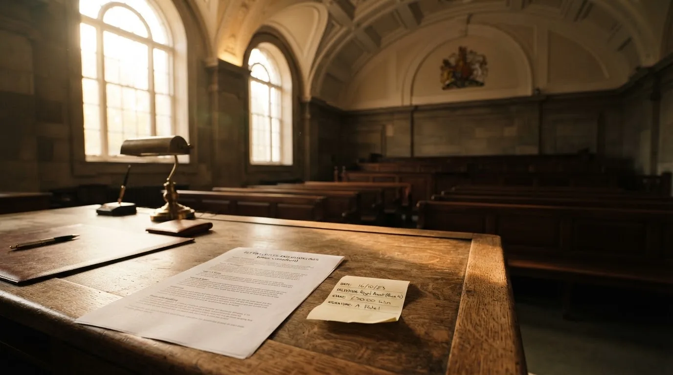 An empty courtroom with wooden benches in morning light