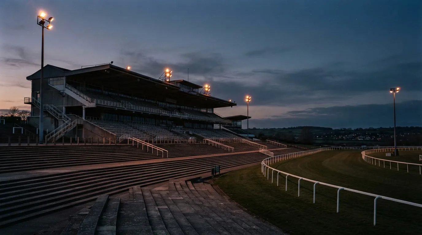 An empty football stadium with floodlight masts at dusk