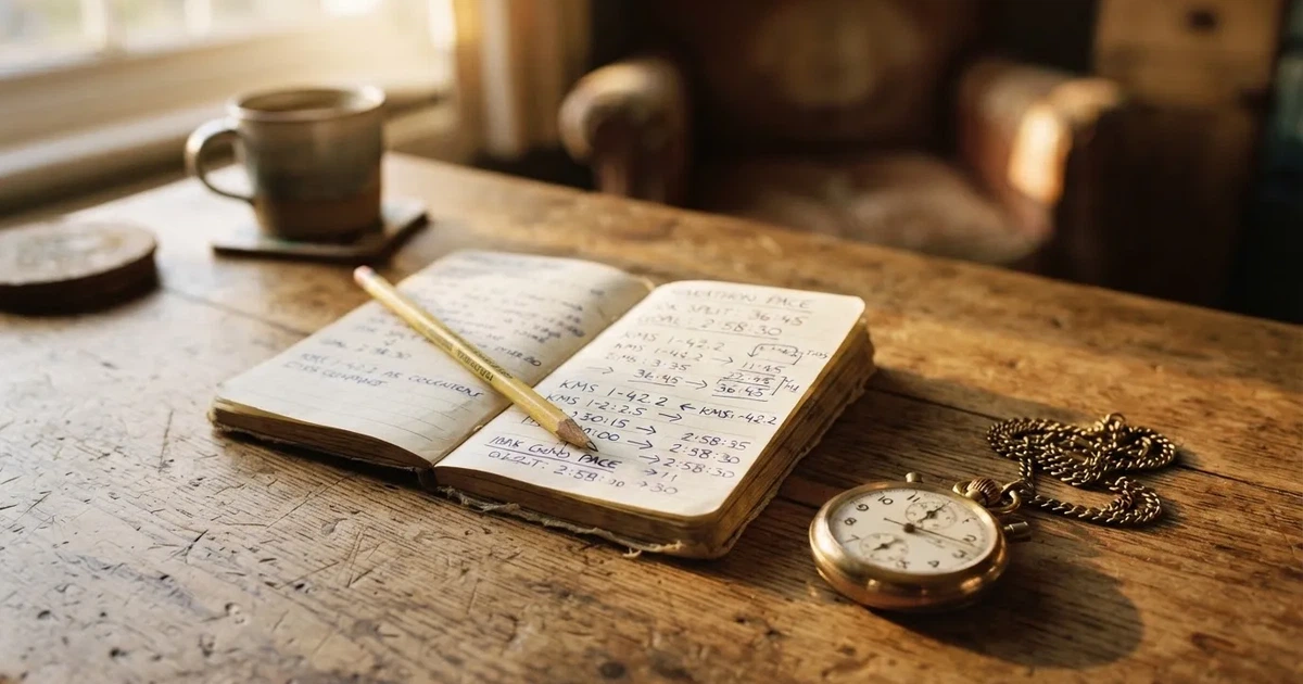 An open notebook with a pencil and a stopwatch on a wooden table