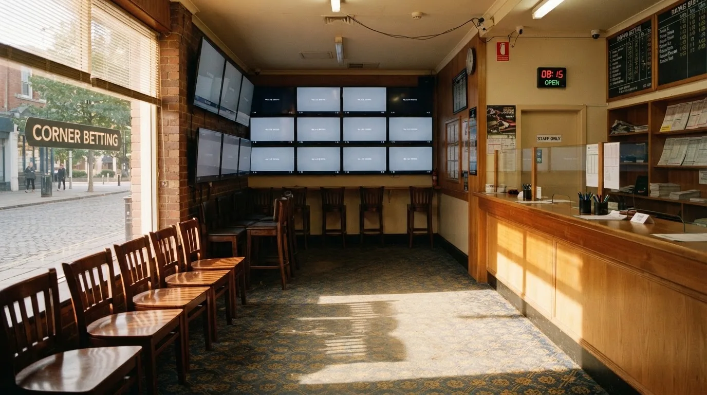 An empty courtroom with wooden benches in morning light