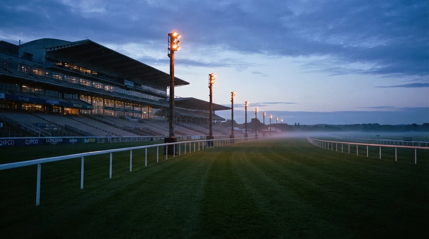 An empty football stadium with floodlight masts at dusk