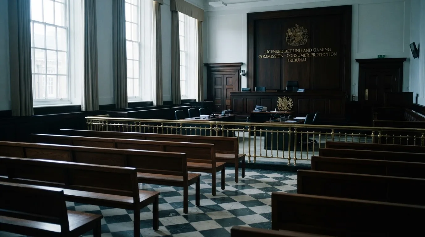 An empty courtroom with wooden benches in morning light