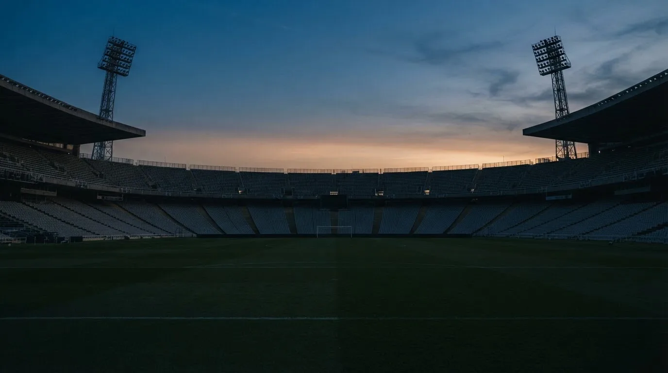 An empty football stadium with floodlight masts at dusk