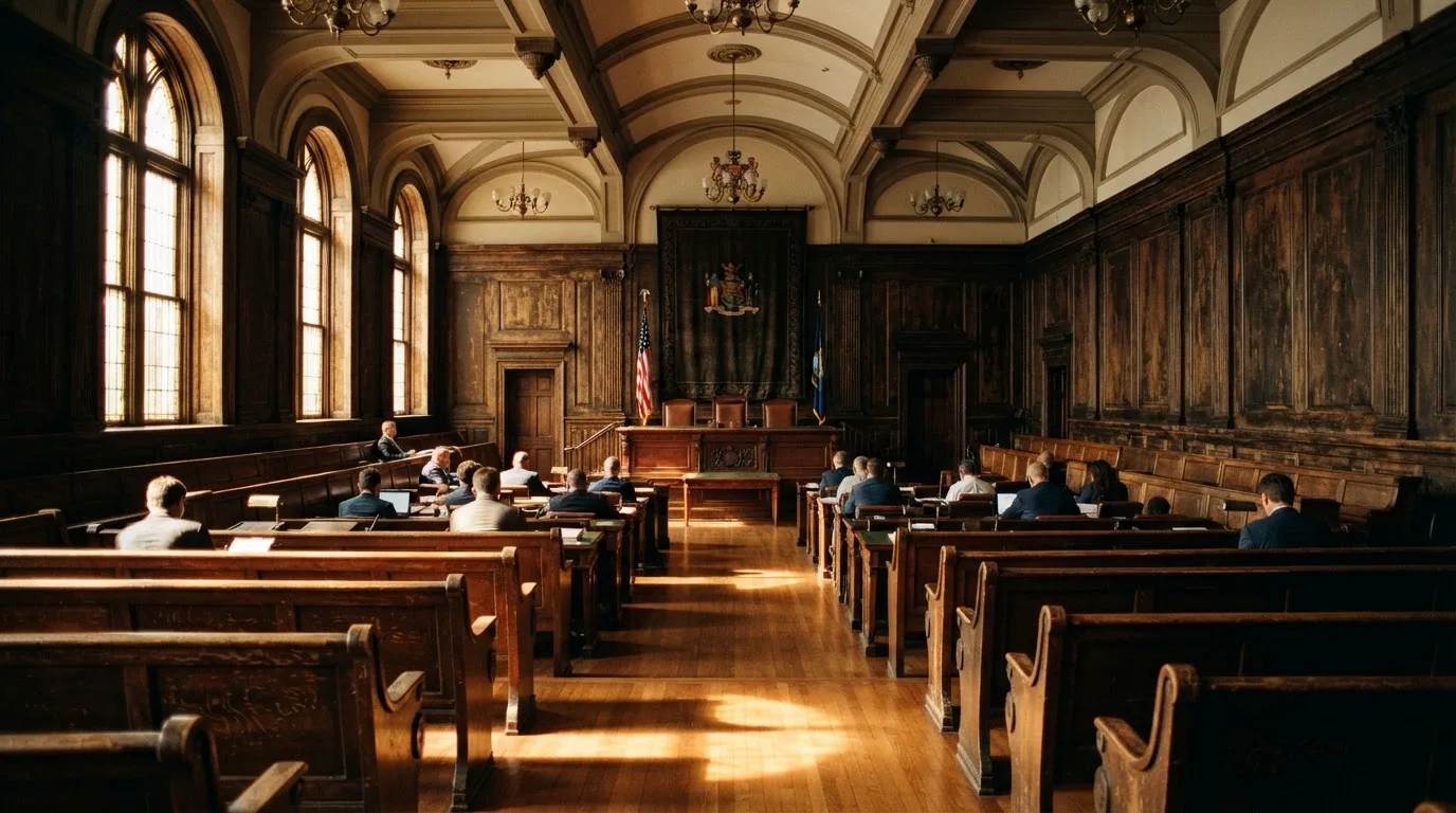 An empty courtroom with wooden benches in morning light