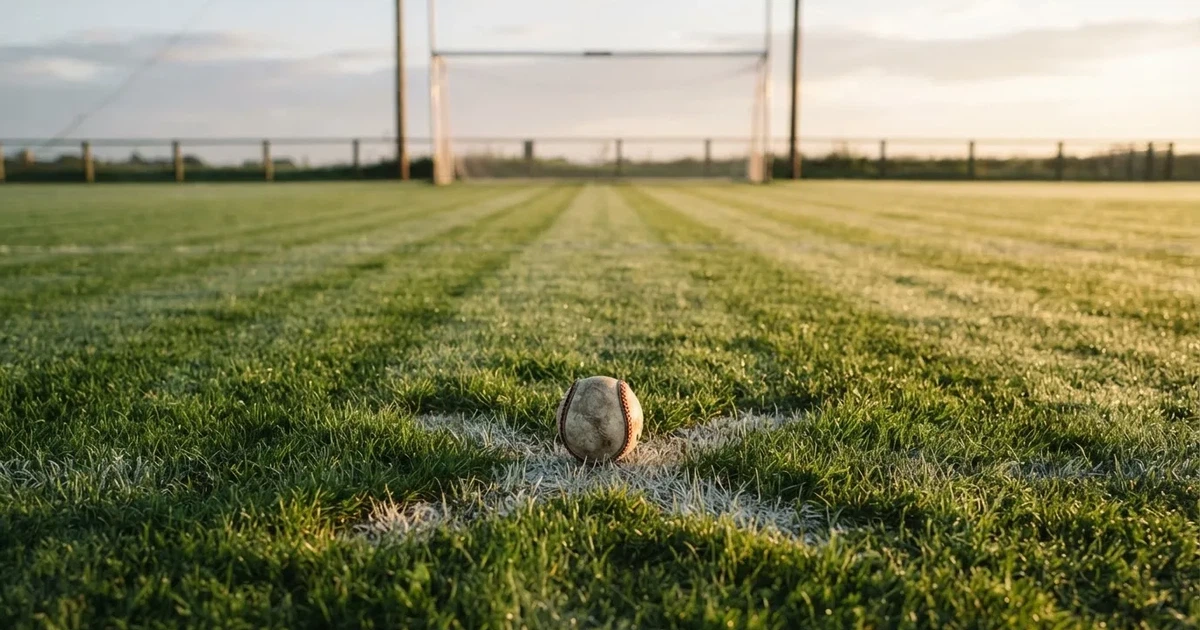 A ball on the centre spot of a grass pitch in morning light