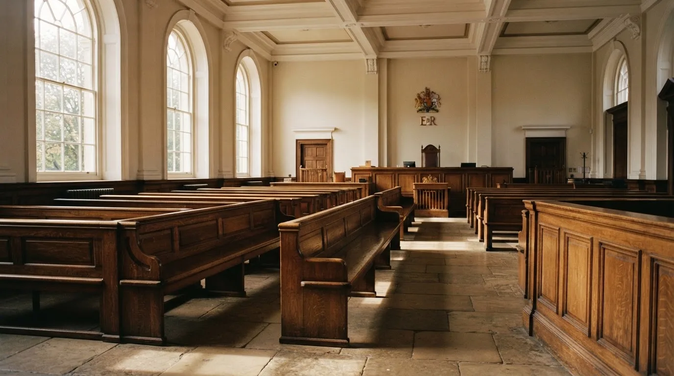 An empty courtroom with wooden benches in morning light