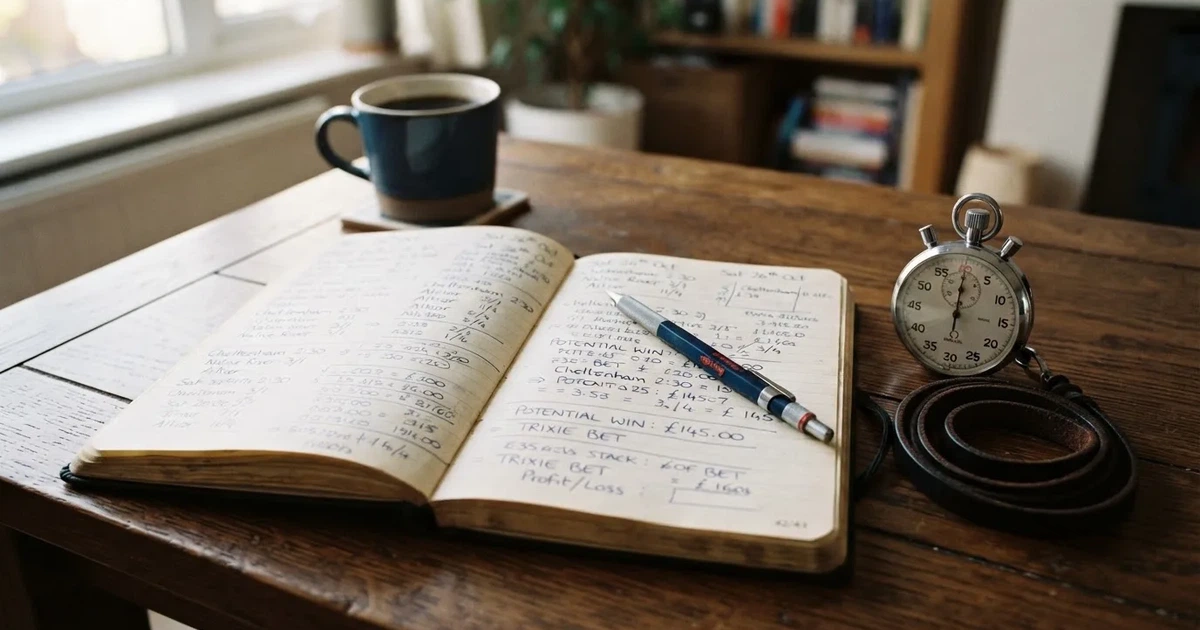 An open notebook with a pencil and a stopwatch on a wooden table