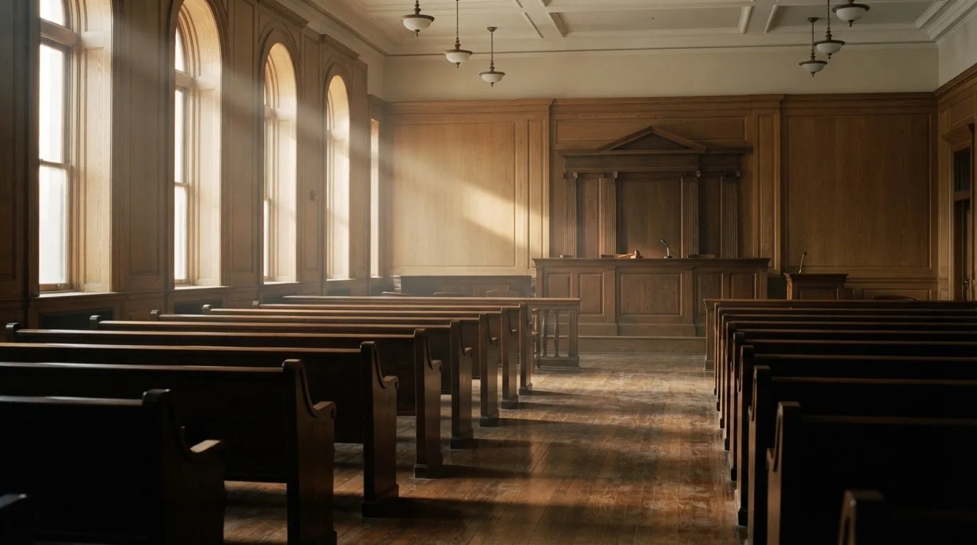 An empty courtroom with wooden benches in morning light