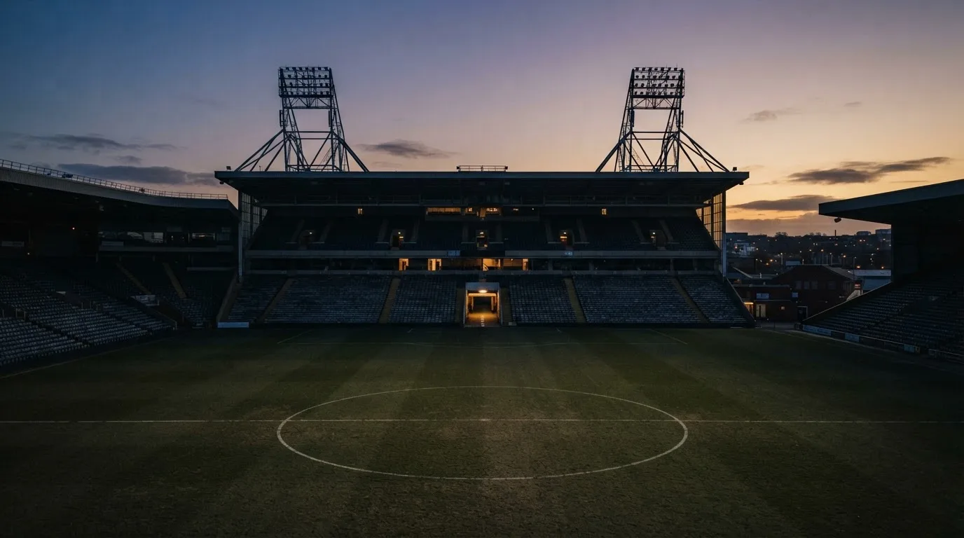 An empty football stadium with floodlight masts at dusk