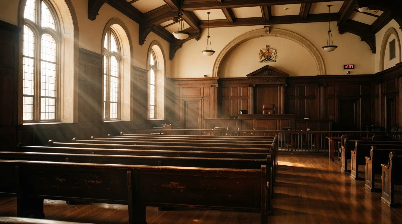 An empty courtroom with wooden benches in morning light