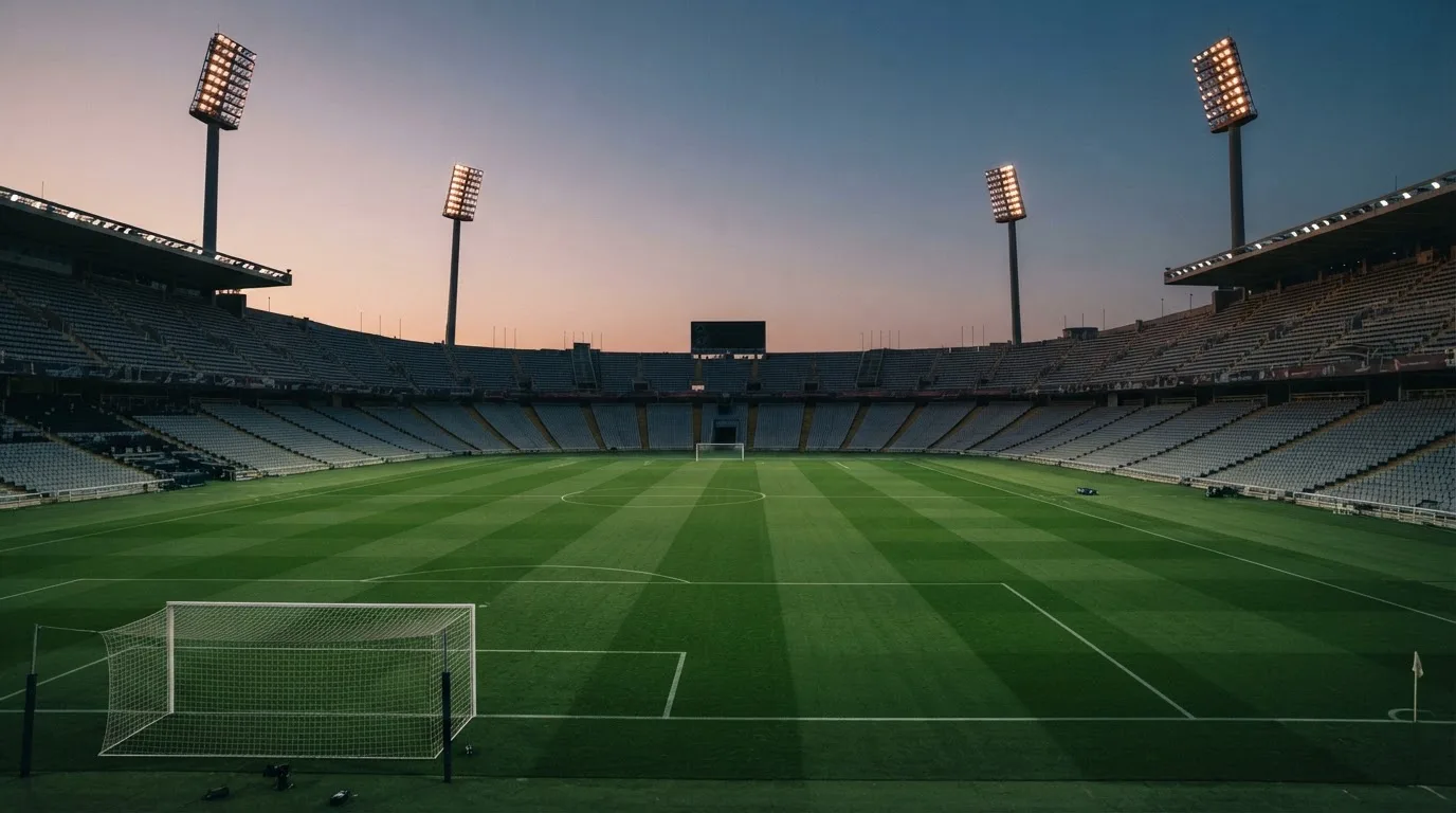 An empty football stadium with floodlight masts at dusk