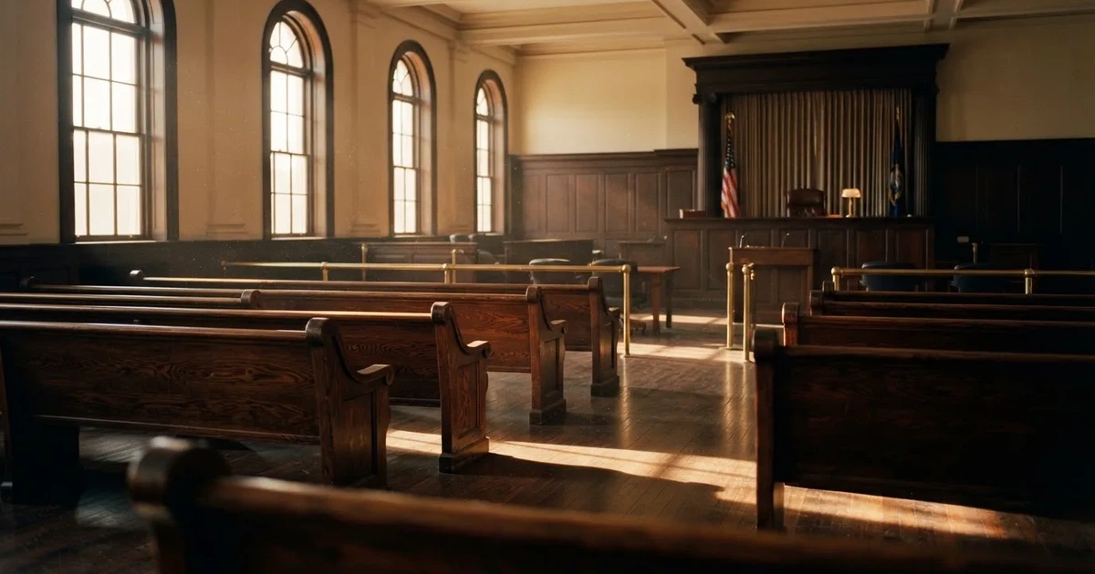 An empty courtroom with wooden benches in morning light