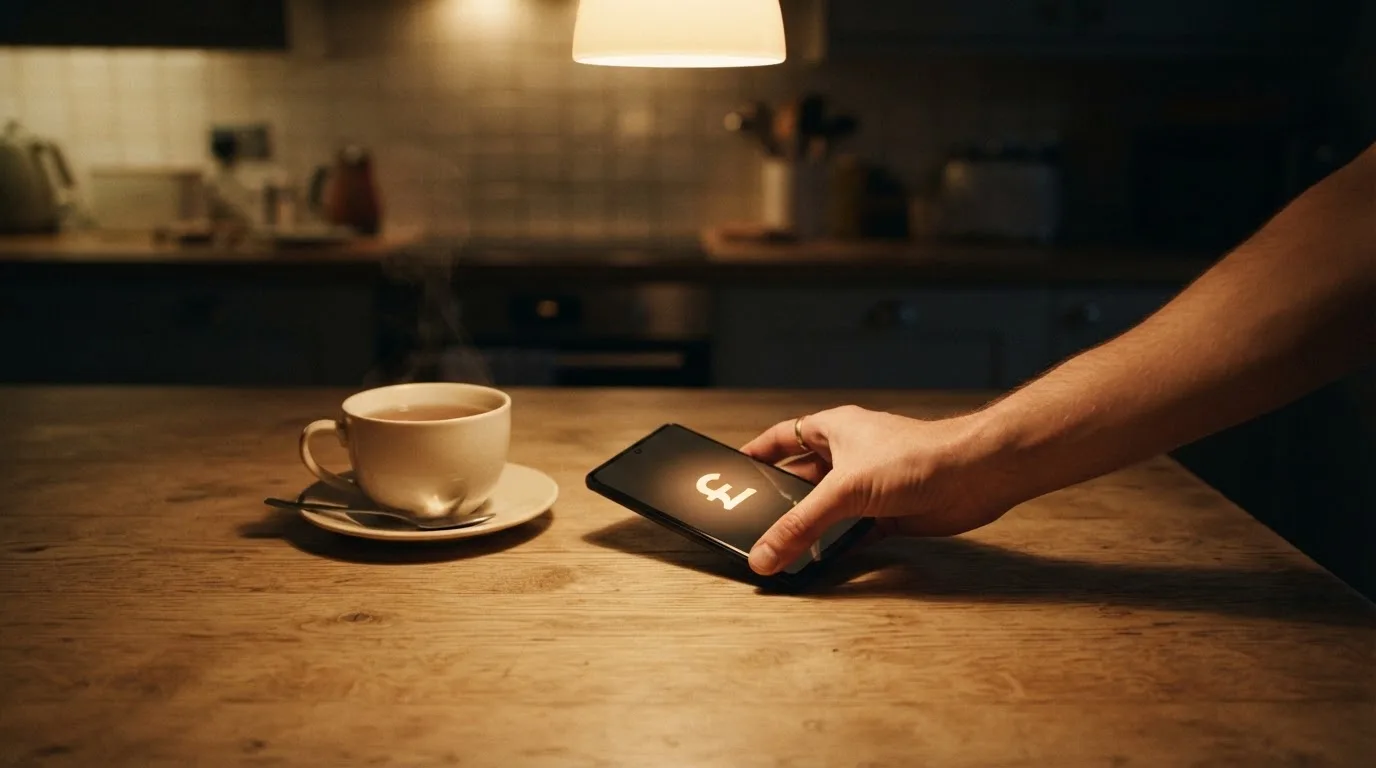A hand setting a smartphone down beside a cup of tea on a kitchen table on a quiet evening