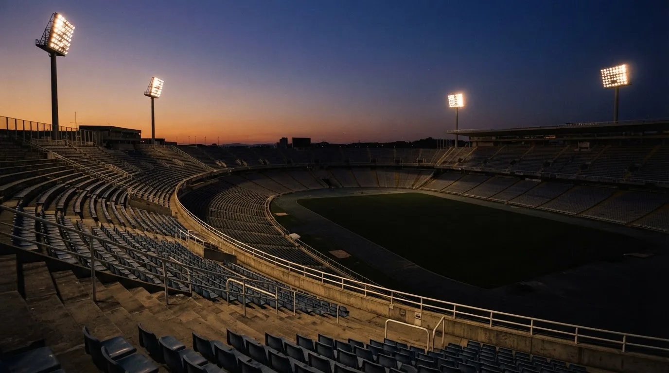 An empty football stadium with floodlight masts at dusk