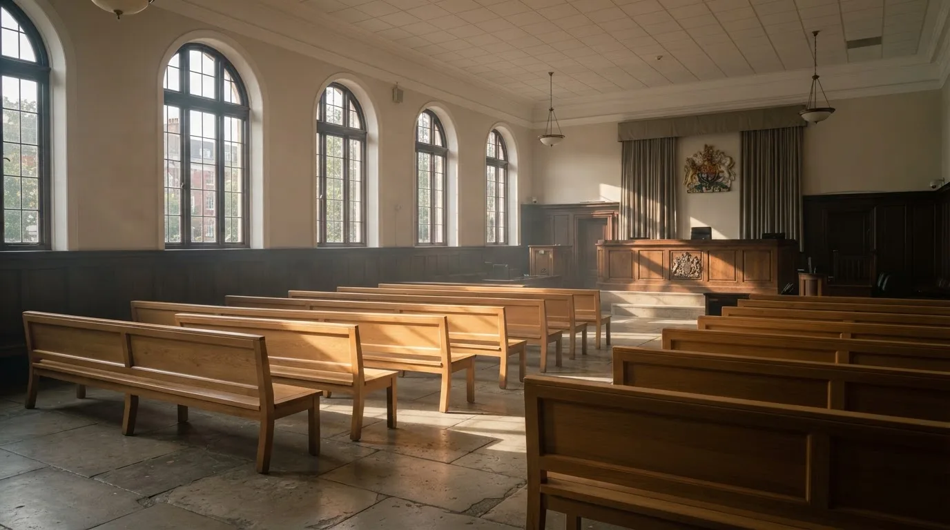 An empty courtroom with wooden benches in morning light