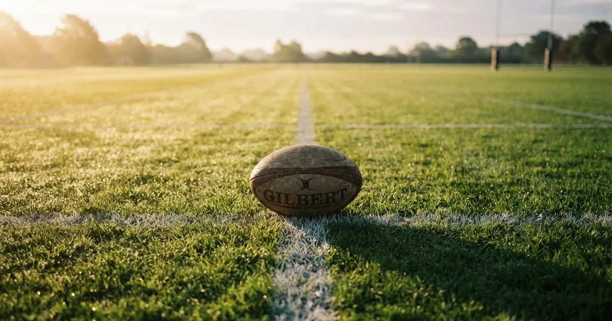 A ball on the centre spot of a grass pitch in morning light
