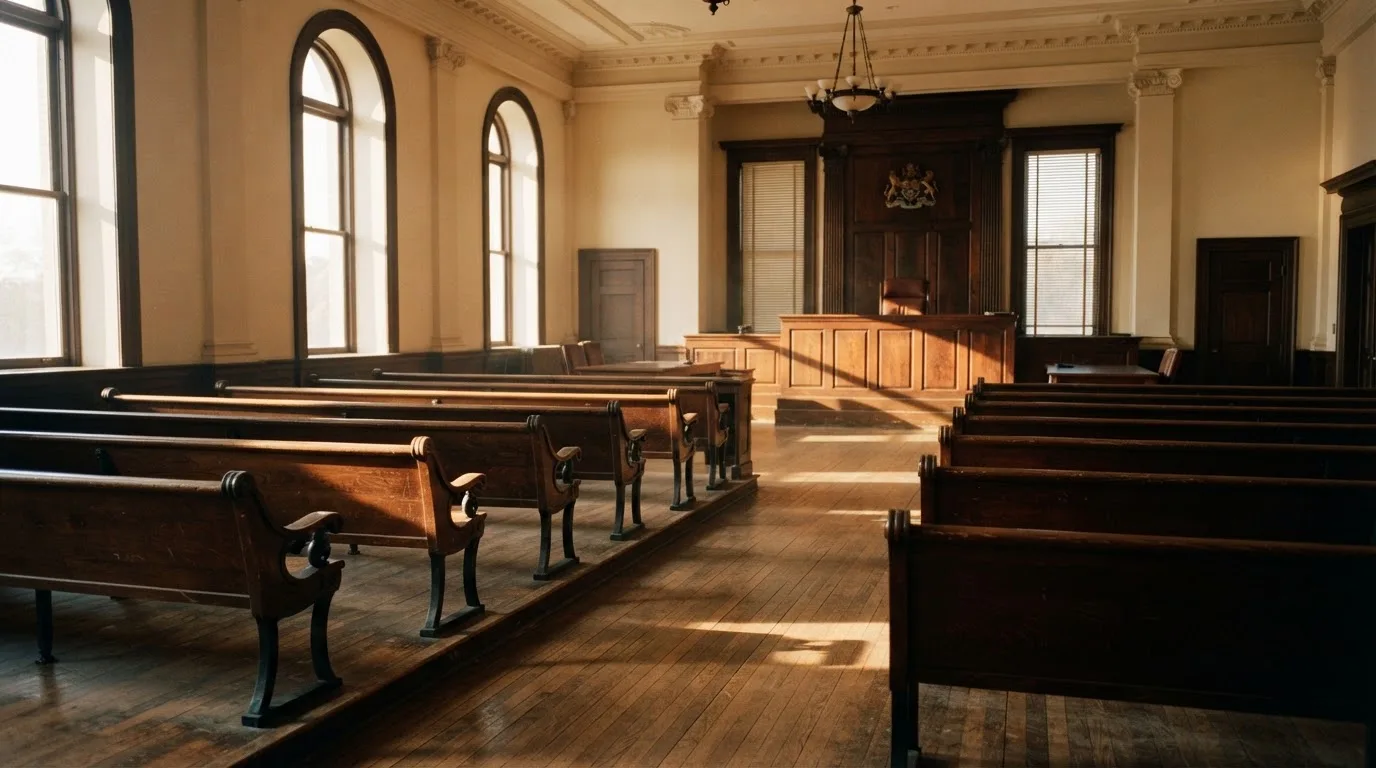 An empty courtroom with wooden benches in morning light