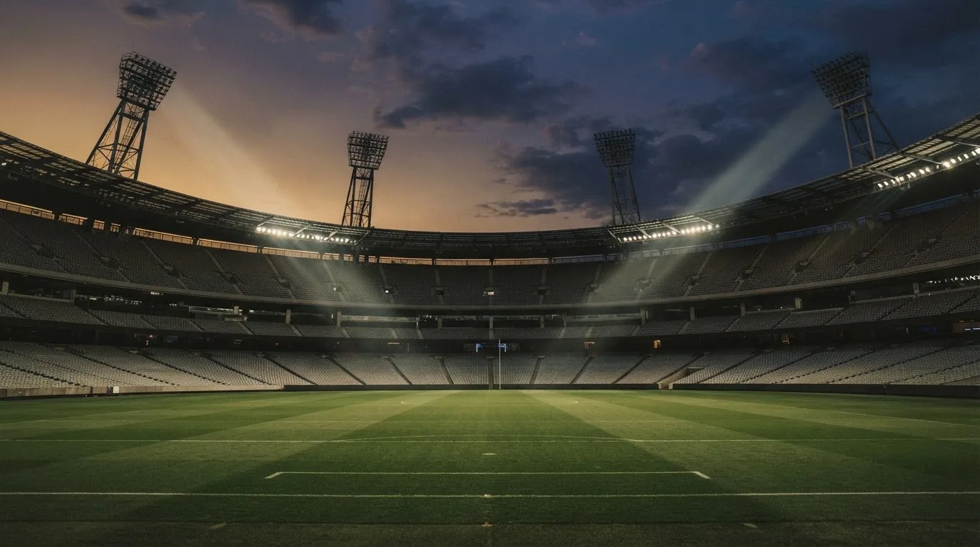 An empty football stadium with floodlight masts at dusk
