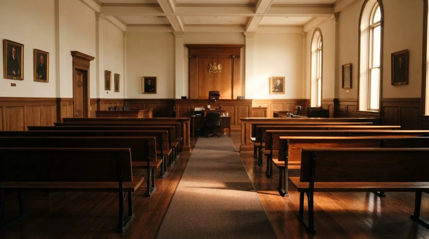 An empty courtroom with wooden benches in morning light