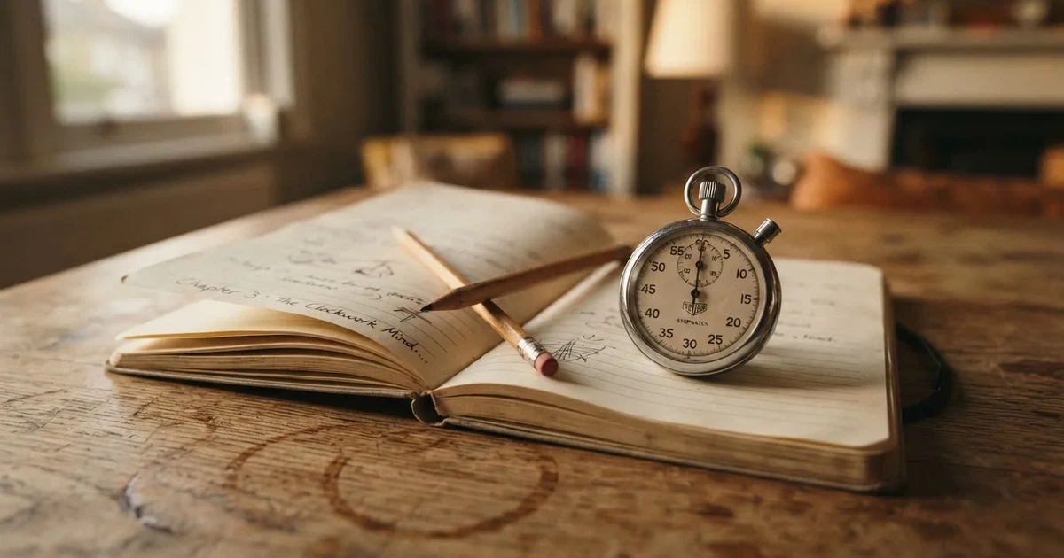 An open notebook with a pencil and a stopwatch on a wooden table