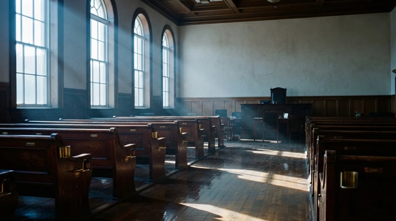 An empty courtroom with wooden benches in morning light