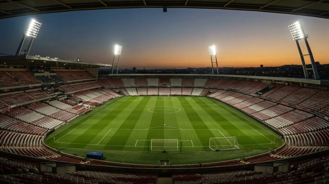 An empty football stadium with floodlight masts at dusk