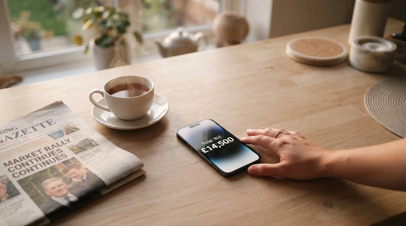 A hand setting a smartphone down beside a cup of tea on a kitchen table on a quiet evening