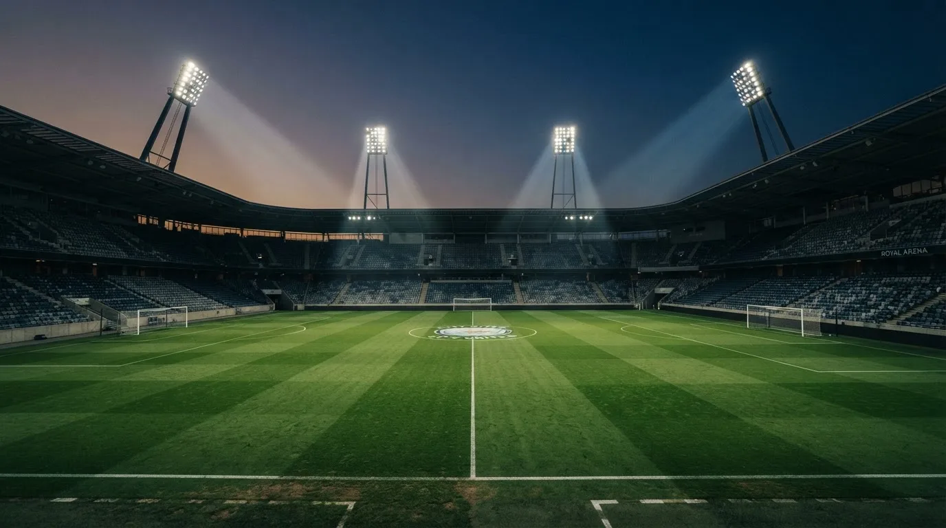 An empty football stadium with floodlight masts at dusk