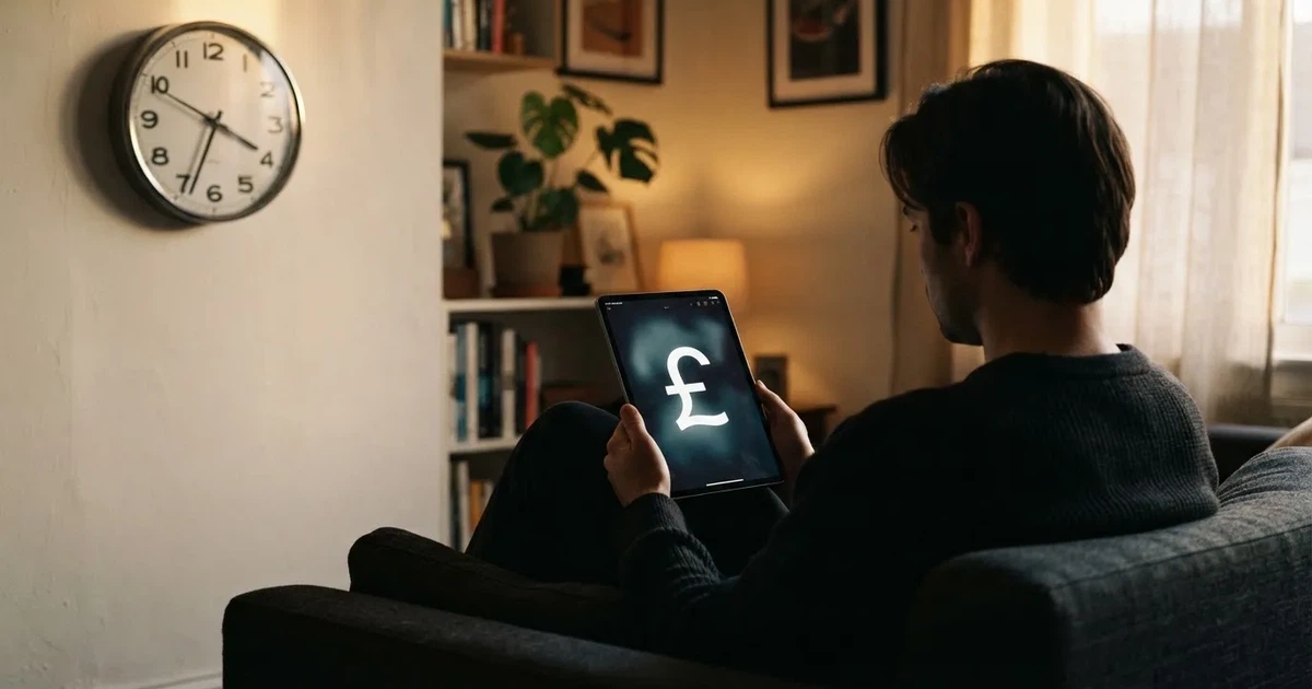 A person on a sofa looking thoughtfully at a tablet, a wall clock in the background