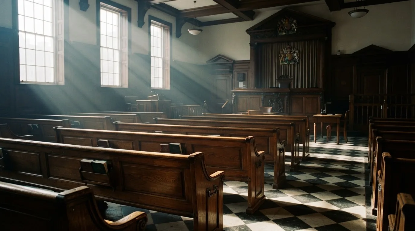 An empty courtroom with wooden benches in morning light