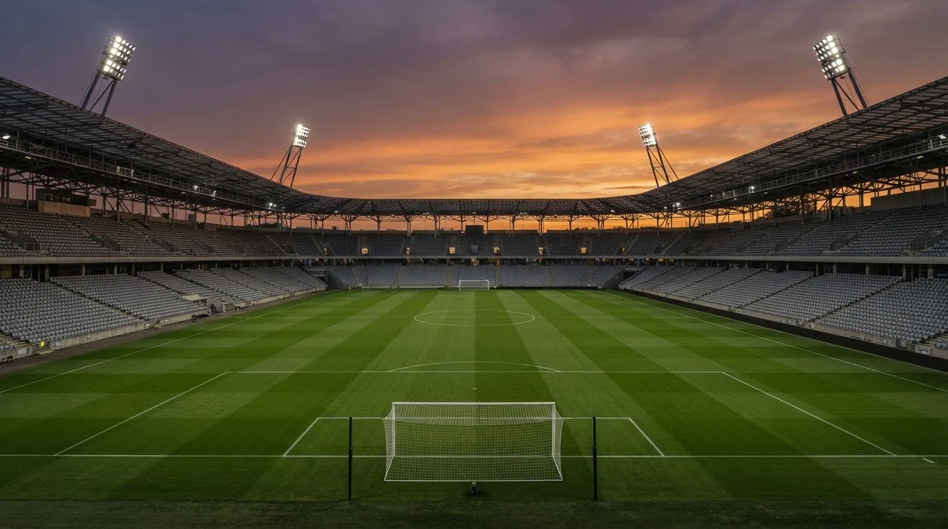 An empty football stadium with floodlight masts at dusk