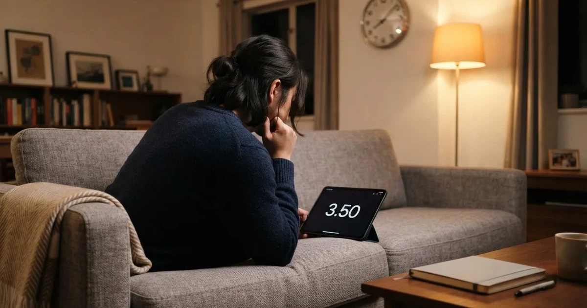 A person on a sofa looking thoughtfully at a tablet, a wall clock in the background